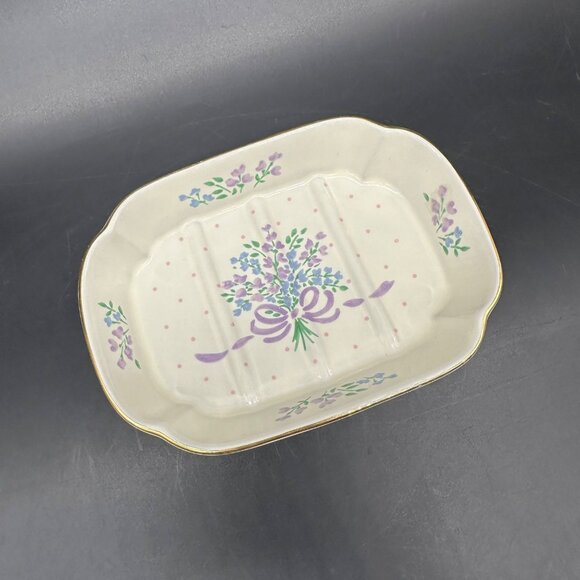 Vintage Floral Soap Dish Cottagecore 1980s Purple Blue Flowers Ceramic Romantic - Picture 1 of 8
